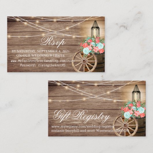 コーラル&ティール（緑がかった色）の出欠と登録2 -結婚のWebサイト エンクロージャーカード (正面/裏面)