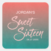 コーラル&ティール(緑がかった色)グラディエントスウィート16誕生日 スクエアシール (正面)