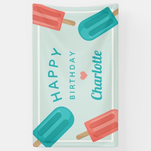 コーラル&ティール（緑がかった色）サマーポップシクル子供の誕生日 横断幕 (縦)