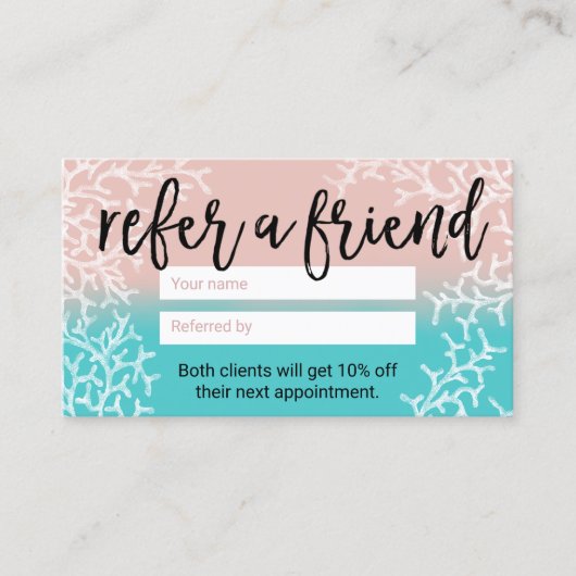 コーラル&ティール（緑がかった色）メイクアップヘア美しいサロンスパ 紹介カード (正面)