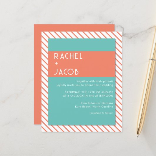 コーラル&ティール（緑がかった色）レトロサマー結婚式招待状 (正面/裏面インサイチュ)