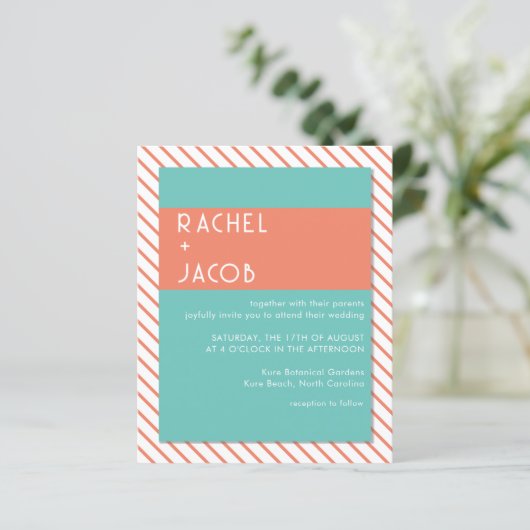 コーラル&ティール(緑がかった色)レトロサマー結婚式招待状 (スタンド正面)