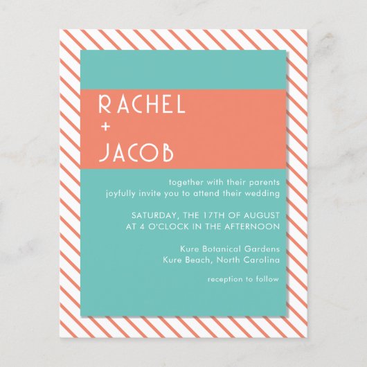 コーラル&ティール(緑がかった色)レトロサマー結婚式招待状 (正面)
