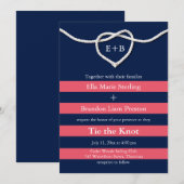 コーラル＆ネイビーの結婚式招待状 ラインにハートの結び目 招待状 (正面/裏面)