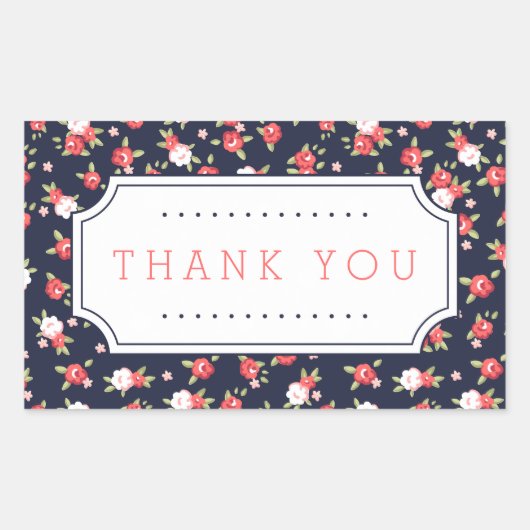 コーラル&ネイビーシックヴィンテージフローラサンキューユナイテッド 長方形シール (正面)