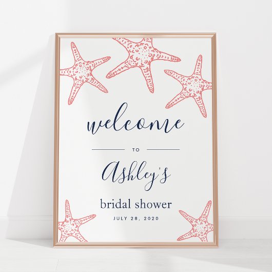 コーラル&ネイビースターフィッシュブライダルシャワーウェルカムサイン ポスター