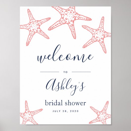コーラル&ネイビースターフィッシュブライダルシャワーウェルカムサイン ポスター (正面)