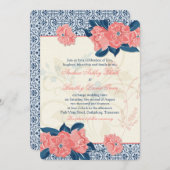 コーラル ネイビーブルー ヴィンテージ フラワー ウェディング 招待状 (正面/裏面)