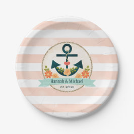 コーラル&ネイビー航海のいかりウェディングシャワー ペーパープレート