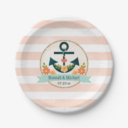 コーラル&ネイビー航海のいかりウェディングシャワー ペーパープレート (正面)