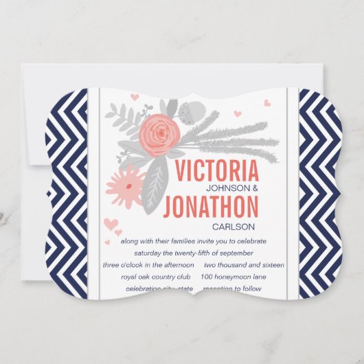 コーラル ネイビー グレー ジグザグ ロマンチック ウェディング 招待状 (正面)