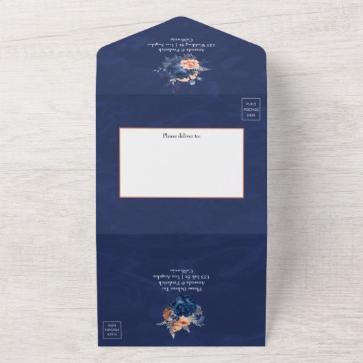 コーラル、ネイビー、シルバーのフローラ結婚が一斉に一斉に オールインワン招待状 (外側)