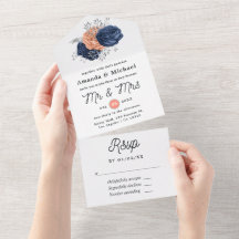 コーラル、ネイビー、シルバーの花柄のウェディング