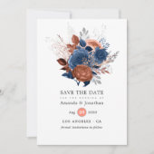 コーラル、ネイビー、シルバー結婚フローラ セーブザデート (正面)