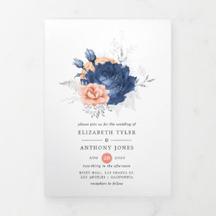 コーラル、ネイビー、シルバー結婚フローラ 三つ折り招待状