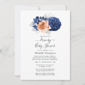 コーラル、ネイビー、シルバー結婚フローラ 招待状 (正面)
