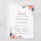 コーラル＆ネイビー フラワーズ エレガント リハーサル ディナー 招待状 (正面)