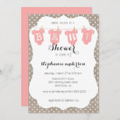 コーラル & バーリアップ ドット 物干し線 赤ちゃん歓迎会 招待状 (正面/裏面)