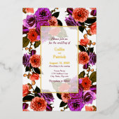 コーラル&パープルフローラガーデン結婚- 箔招待状 (正面)