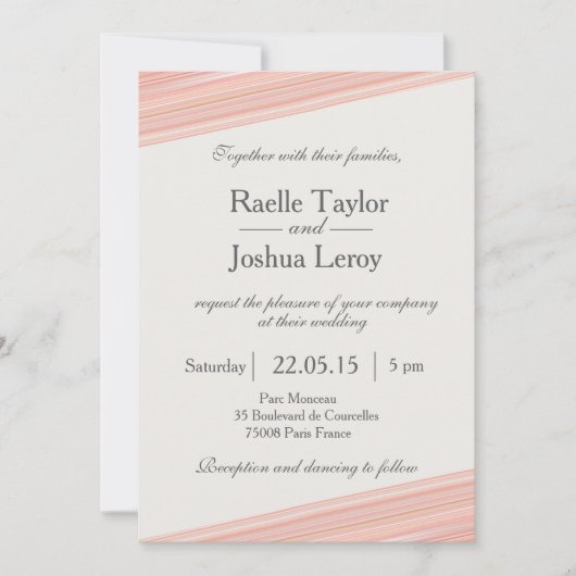 コーラル ピンクのストライプが白とグレーの結婚式の招待状 招待状 (正面)