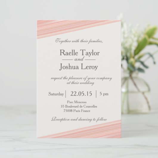 コーラル ピンクのストライプが白とグレーの結婚式の招待状 招待状 (スタンド正面)