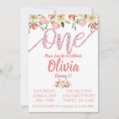 コーラル&ピンクグリッターフローラファーストバースデーパーティー 招待状 (正面)