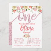 コーラル&ピンクグリッターフローラファーストバースデーパーティー 招待状 (正面/裏面)