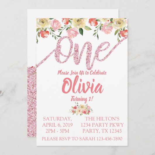 コーラル&ピンクグリッターフローラファーストバースデーパーティー 招待状 (正面/裏面)