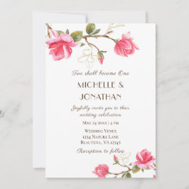 コーラル ピンク ゴールド マグノリア フラワーのクリスチャン ウェディング 招待状