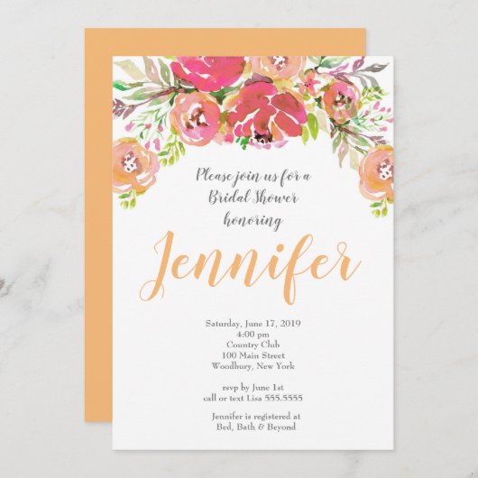 コーラル&ピーチの花のブライズシャワー 招待状 (正面/裏面)