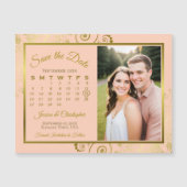 コーラル ピーチ＆ゴールド カレンダー フォト セーブザデート マグネット (正面)