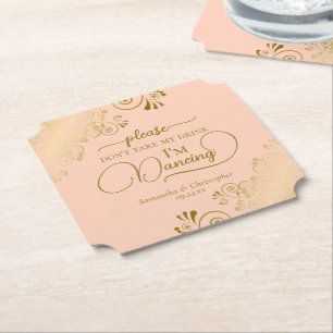 コーラル ピーチ & ゴールド 私のドリンクを取らないで 結婚式 ペーパーコースター