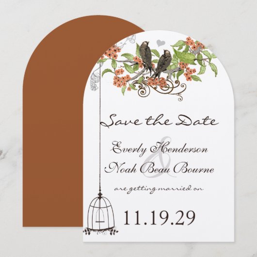 コーラル フラワー ブランチ ヴィンテージ バード セーブ ザ デート 招待状 (正面/裏面)
