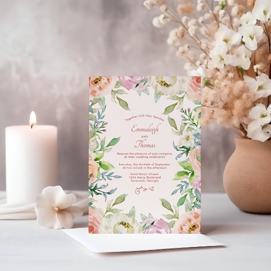 コーラル フローラル ボヘミアンチック ウェディング マグネット招待状