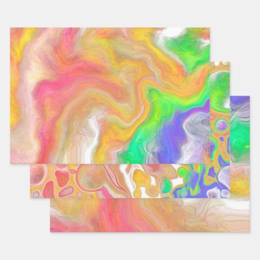 コーラル、ブルー、グリーン、ピンクの抽象芸術流体アート ラッピングペーパーシート (セット)