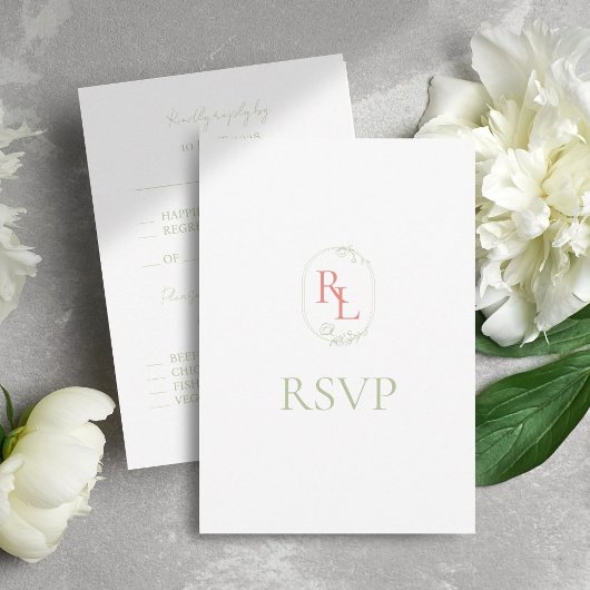 コーラル&ホワイトフローラモノグラムウェディングRSVP 出欠カード