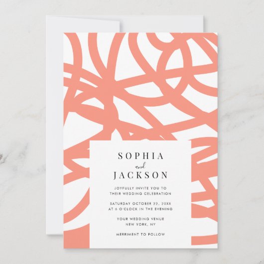 コーラル ポップ モダン ミニマル アブストラクト ウェディング 招待状 (正面)
