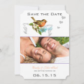 コーラル ヴィンテージ バード アクア & ライラック セーブ・ザ・デート 招待状 (正面)