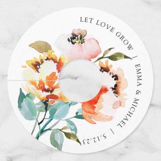 コーラル ヴィンテージ 水彩 フラワー ワイン グラス タグ (正面)