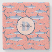 コーラル |名前+水彩モノグラムシャーククラゲ ストーンコースター (正面)
