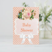 コーラル、桃のバラヴィンテージポイルカドットベビーシャワー 招待状 (スタンド正面)