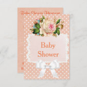 コーラル、桃のバラヴィンテージポイルカドットベビーシャワー 招待状 (正面/裏面)