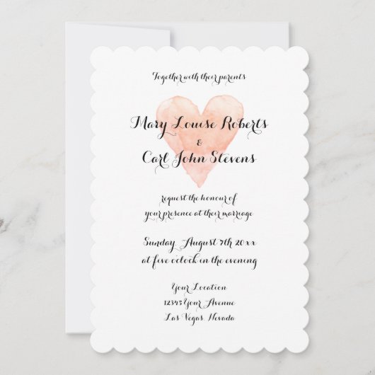 コーラル・水彩ハートの結婚式招待状テンプレート 招待状 (正面)