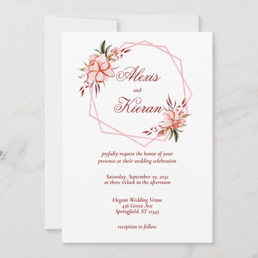 コーラル&赤面幾何学的フープ結婚式招待状 招待状 (正面)