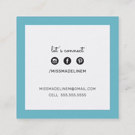 コールカード四角名門私立校風のモダンターコイズ青 スクエア名刺 (裏面)