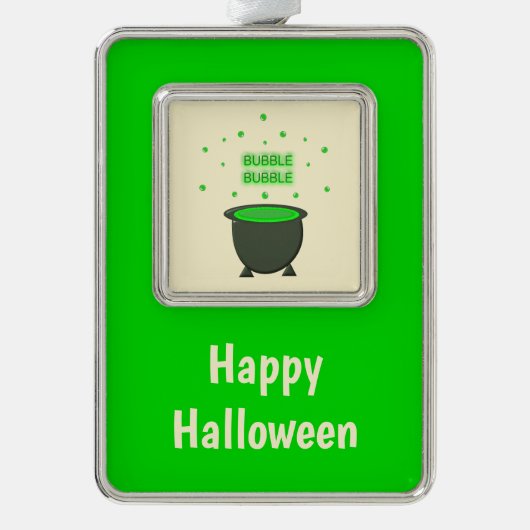 コールドロンと泡立つ緑の醸造ハロウィーンカスタム シルバープレートフレームオーナメント (正面)