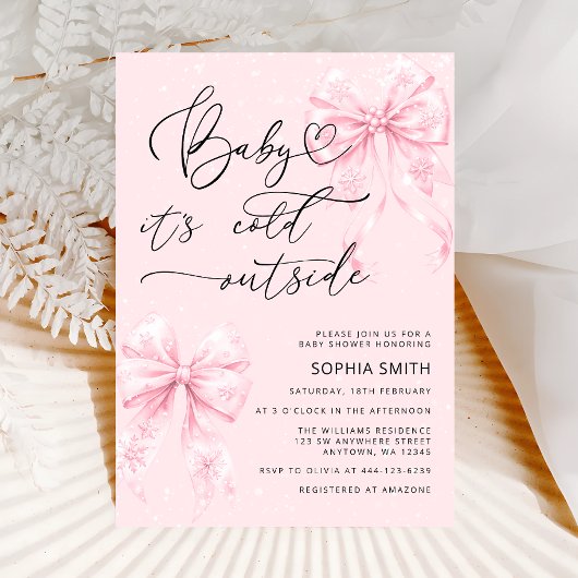 コールド外エレガントピンク弓ガールベイビーシャワー 招待状