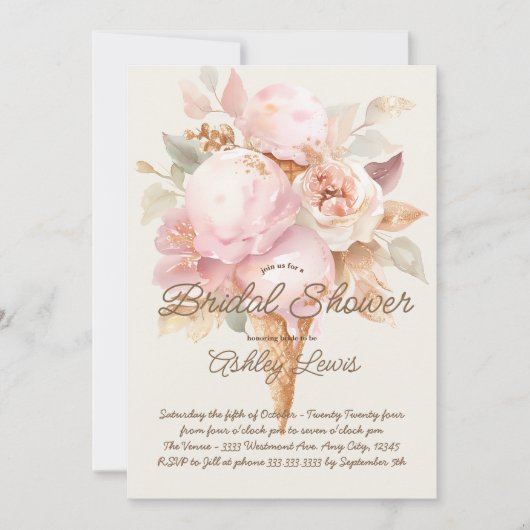 コーンの上のゴールドの花のようなピンクのアイスクリーム 招待状 (正面)