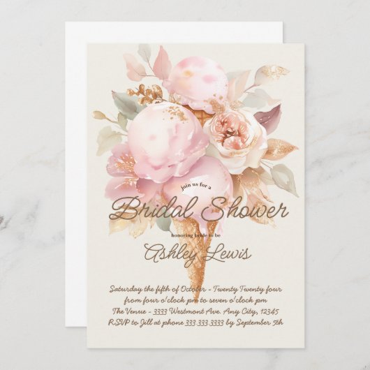 コーンの上のゴールドの華やかなピンクのアイスクリーム 招待状 (正面/裏面)