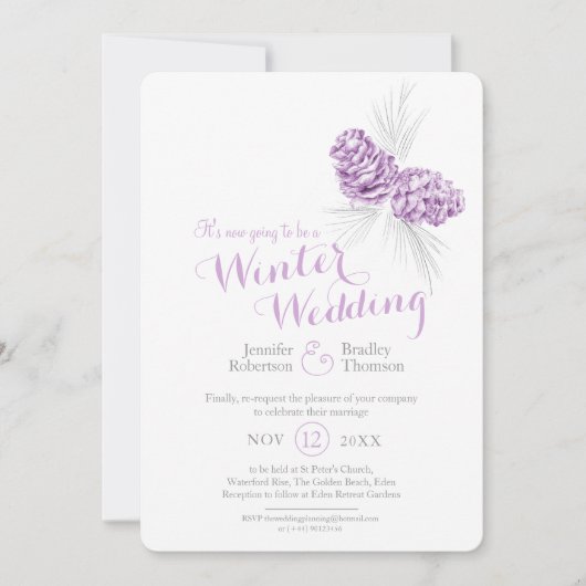 コーンは紫色の灰色の冬の結婚式の再スケジュール 招待状 (正面)
